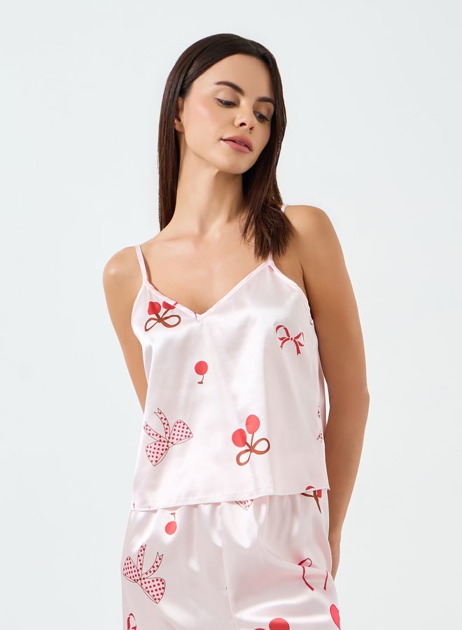 Take Two Women Bow Printed Cami Top and Pyjama Set - Image 1